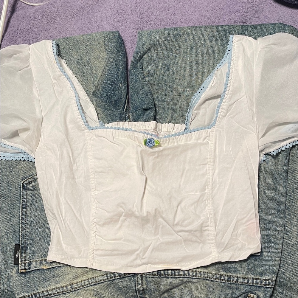 Dolls Kill White Crop Top with Light Blue Trim and Rose Accent